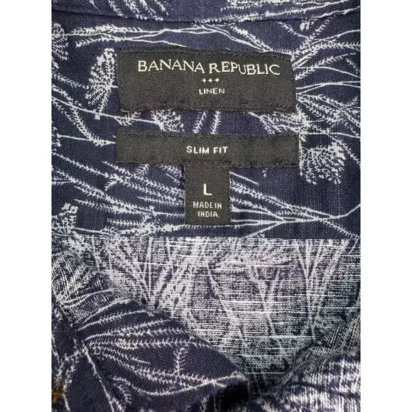 Banana Republic Blue & White Linen Floral Slim Fit Button Up Shirt Size L - Picture 4 of 8